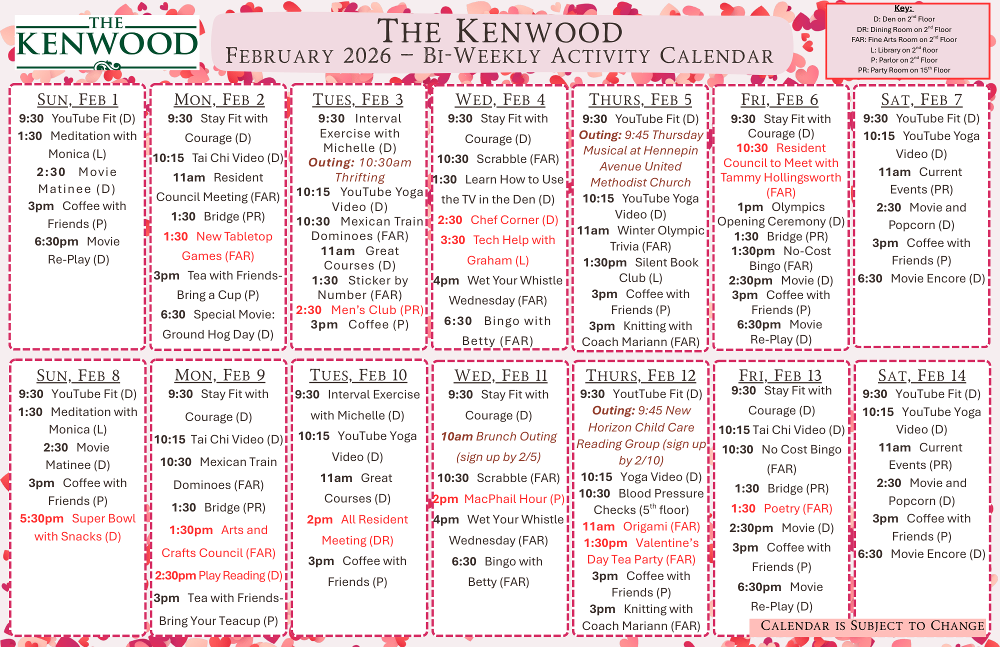 The Kenwood February Activity Calendar 2-1 to 2-14