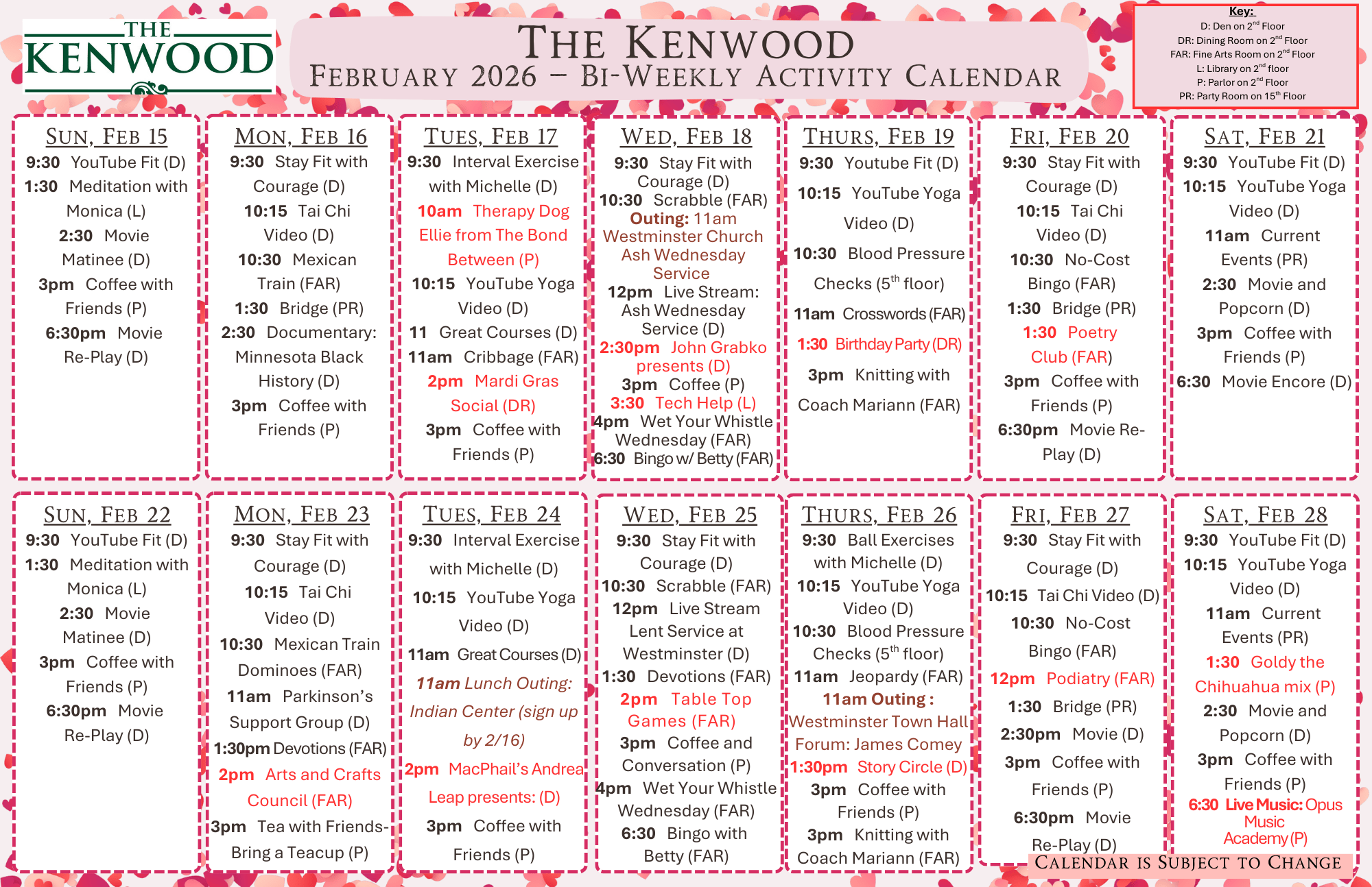 The Kenwood February Activity Calendar 2-15 to 2-18